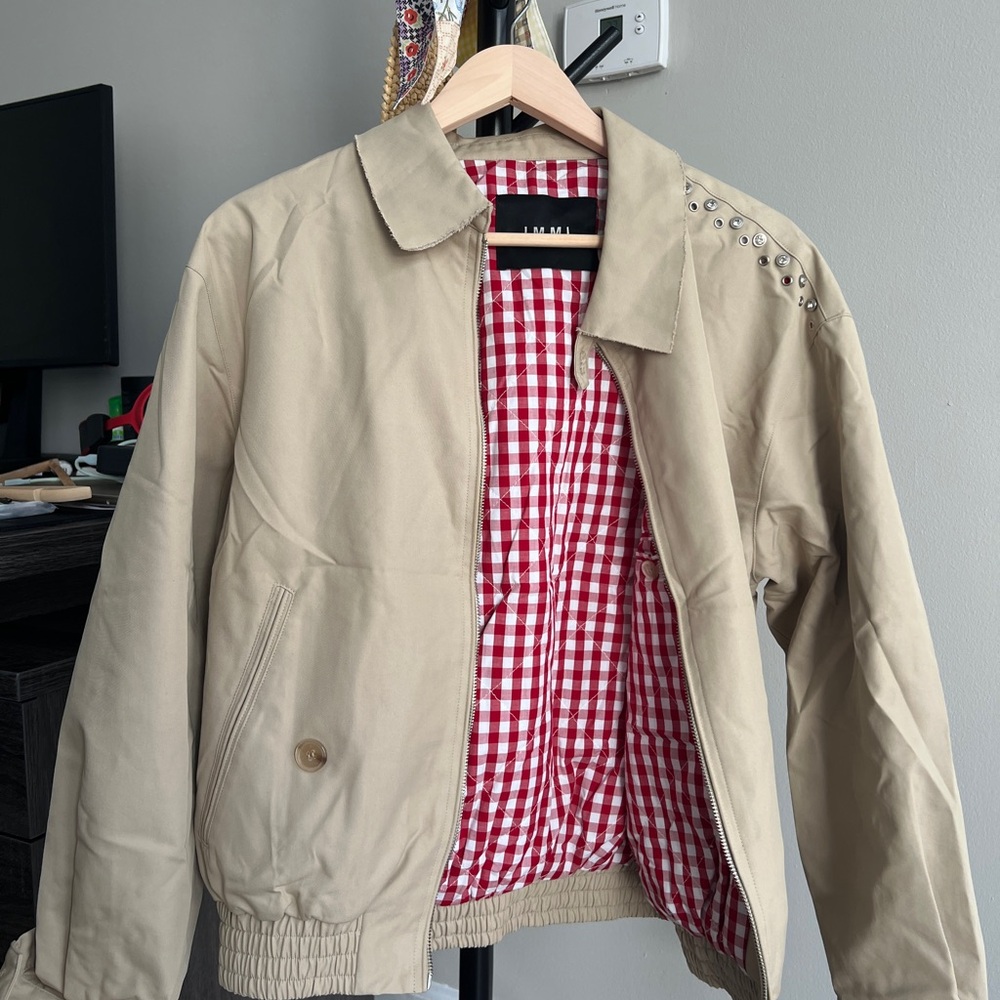 Stylish Beige Jacket with Red Checkered Lining